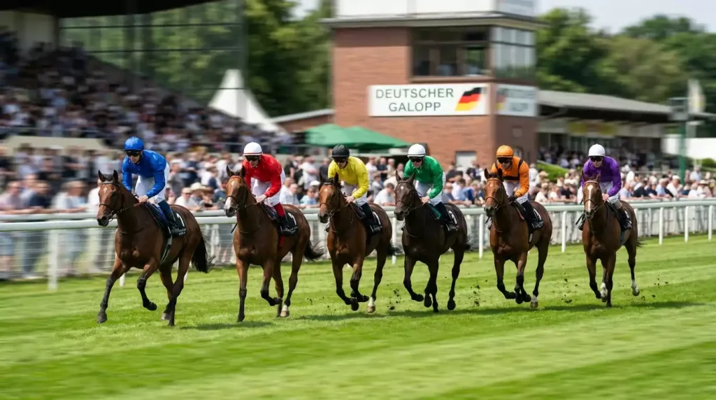 Starterfeld beim Aufgalopp auf einer deutschen Galopprennbahn