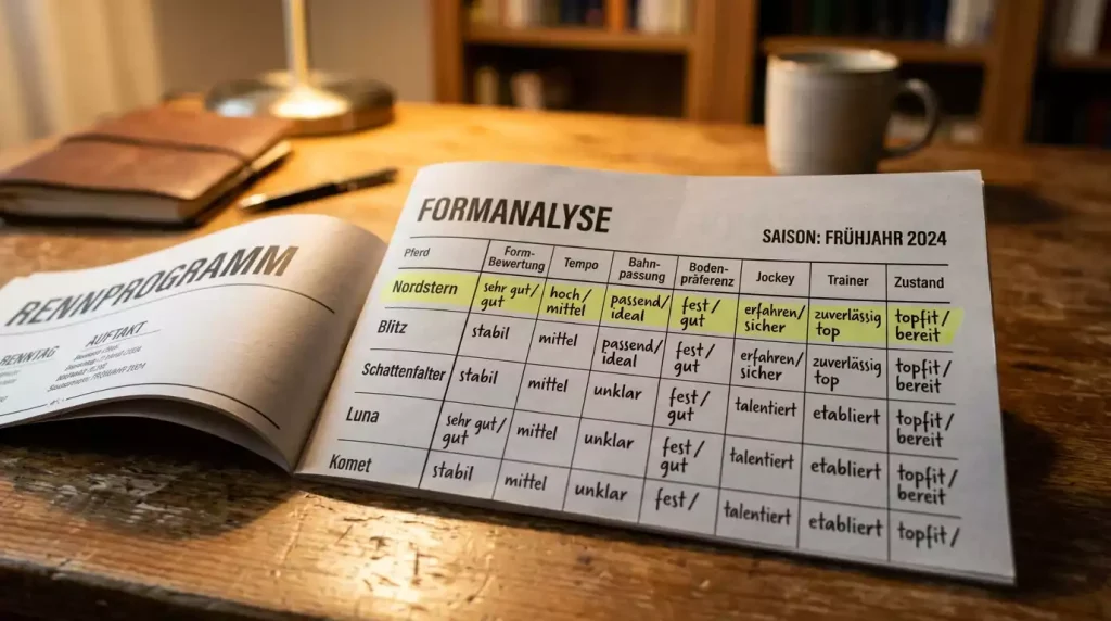 Rennprogramm mit Formdaten und Jockey-Statistiken auf einem Tisch