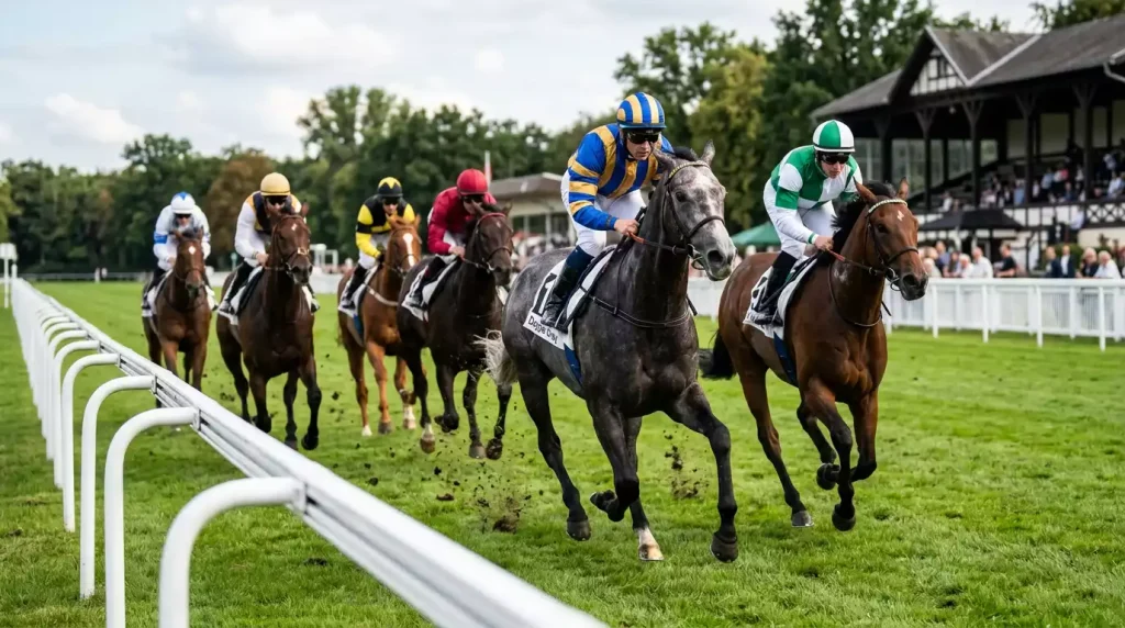 Galopprennen auf einer Flachbahn mit Jockeys in bunten Seidenfarben