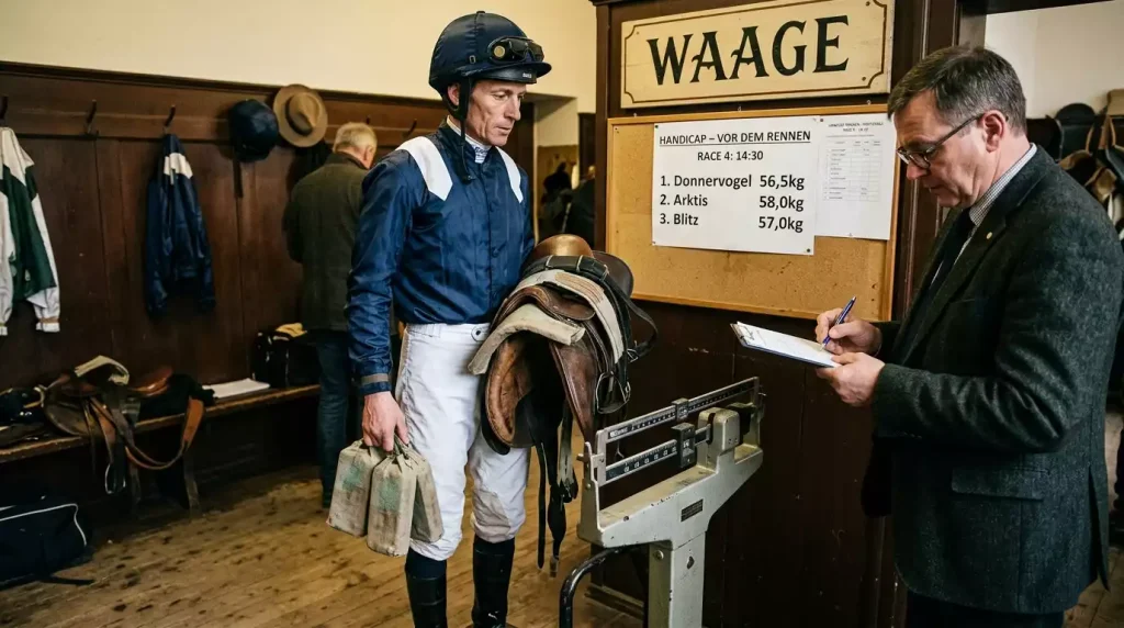 Jockey beim Wiegen vor einem Handicap-Rennen auf einer Galopprennbahn