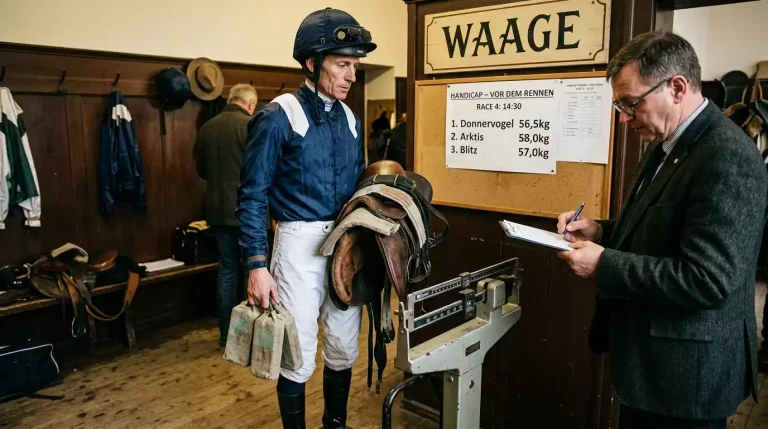 Jockey beim Wiegen vor einem Handicap-Rennen auf einer Galopprennbahn