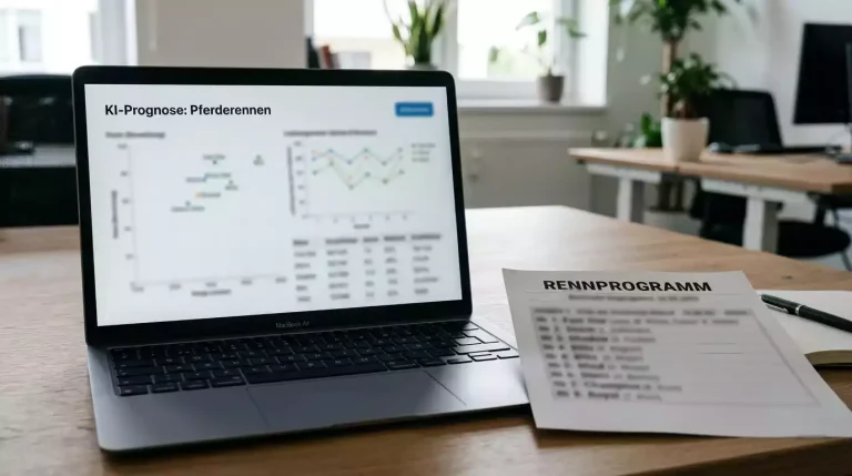 Laptop mit Datenanalyse-Dashboard neben einem Galopprennprogramm