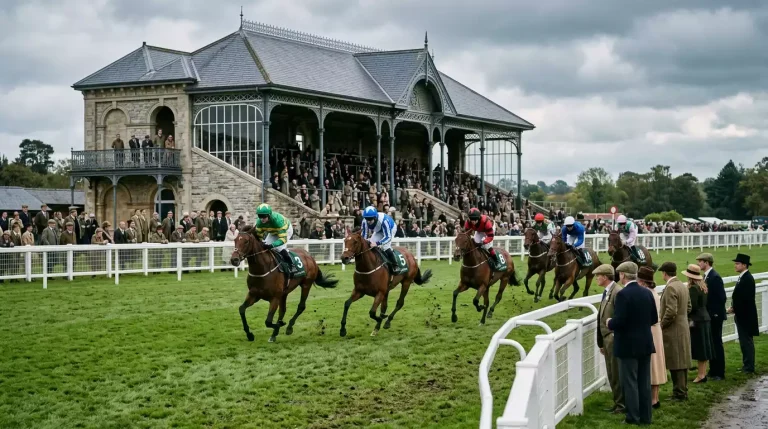 Galopprennen auf einer britischen Rennbahn mit traditioneller Tribüne