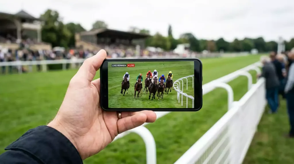 Pferdewetten Anbieter: Smartphone mit Pferderennen-Livestream neben Rennbahn