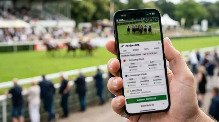 Smartphone mit Pferdewetten-App und laufendem Rennen auf dem Bildschirm