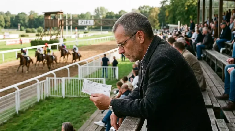 Zuschauer mit Wettschein in der Hand auf der Tribüne einer Galopprennbahn