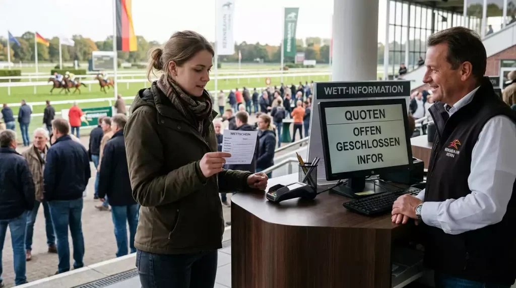 Anfänger am Totalisator-Schalter einer deutschen Galopprennbahn