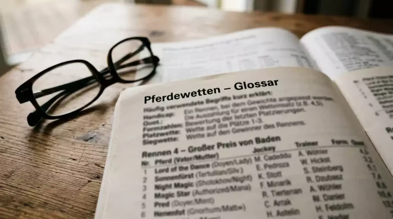 Aufgeschlagenes Rennprogramm mit Fachbegriffen und Wettquoten