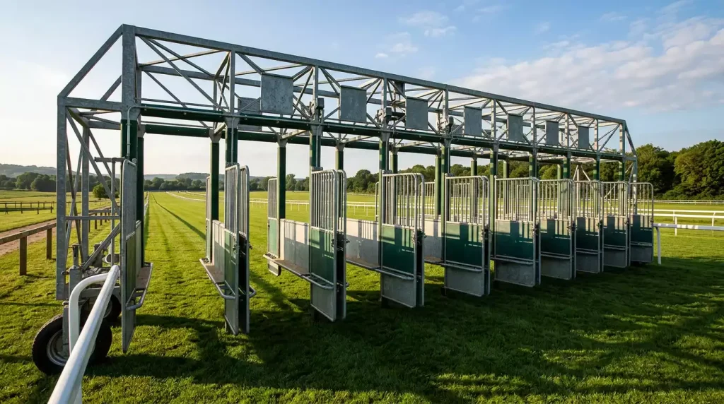 Pferdewetten Recht Deutschland: Rennbahn mit Startboxen im Sonnenlicht