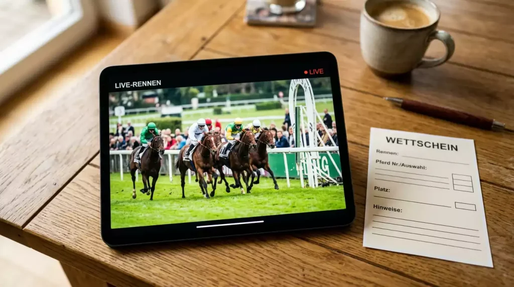 Tablet mit Livestream eines Galopprennens neben einem Wettschein