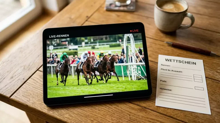 Tablet mit Livestream eines Galopprennens neben einem Wettschein