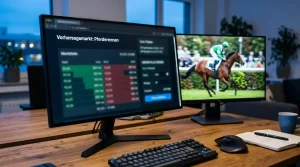 Bildschirm mit Orderbuch eines Prediction Markets neben einer Rennbahn