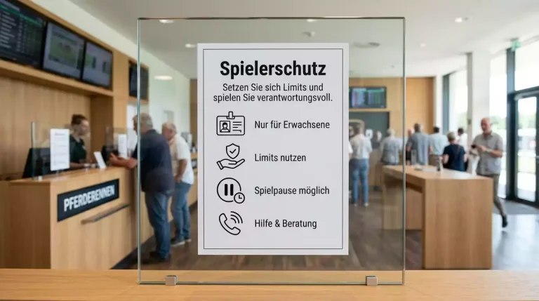 Hinweisschild zum Spielerschutz an einem Wettschalter auf einer Rennbahn