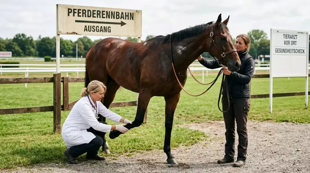 Rennpferd beim Abschreiten nach dem Rennen mit Tierarzt auf der Rennbahn