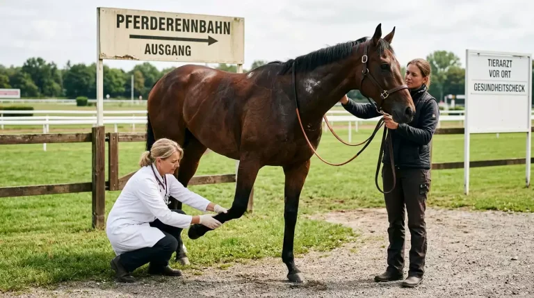 Rennpferd beim Abschreiten nach dem Rennen mit Tierarzt auf der Rennbahn