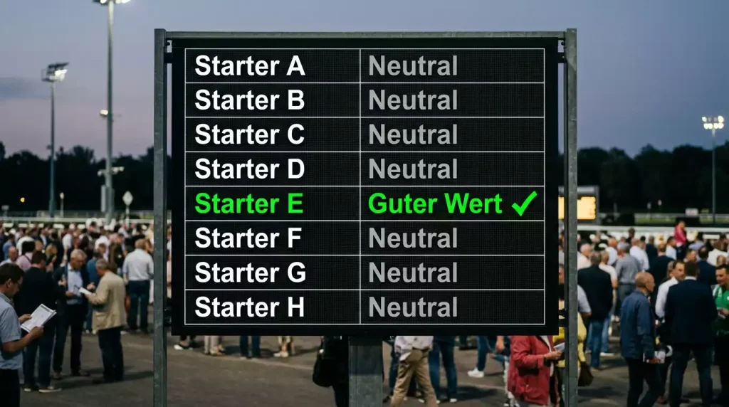 Quotentafel einer Galopprennbahn mit dezimalen Wettquoten