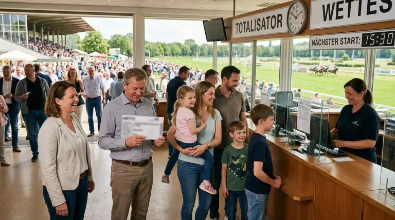 Besucher am Wettschalter einer deutschen Galopprennbahn an einem Renntag