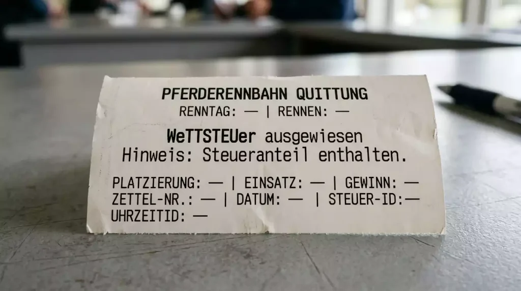 Wettschein mit Steuerausweis neben einer deutschen Rennbahn-Kasse