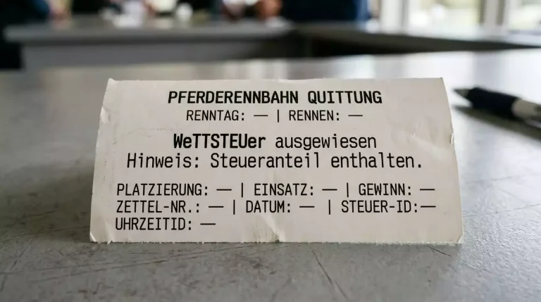 Wettschein mit Steuerausweis neben einer deutschen Rennbahn-Kasse